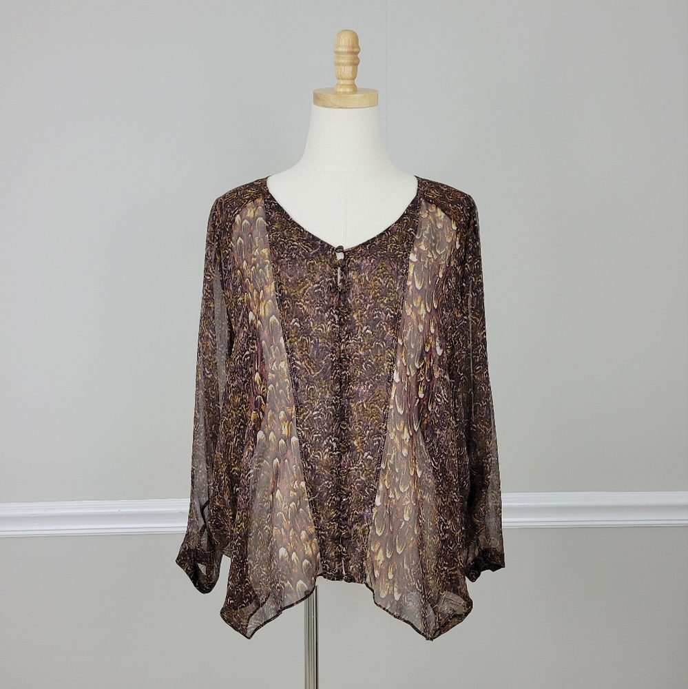 OF TWO MINDS Elegant Brown  Patterned Button Down Women's 100% Silk Top